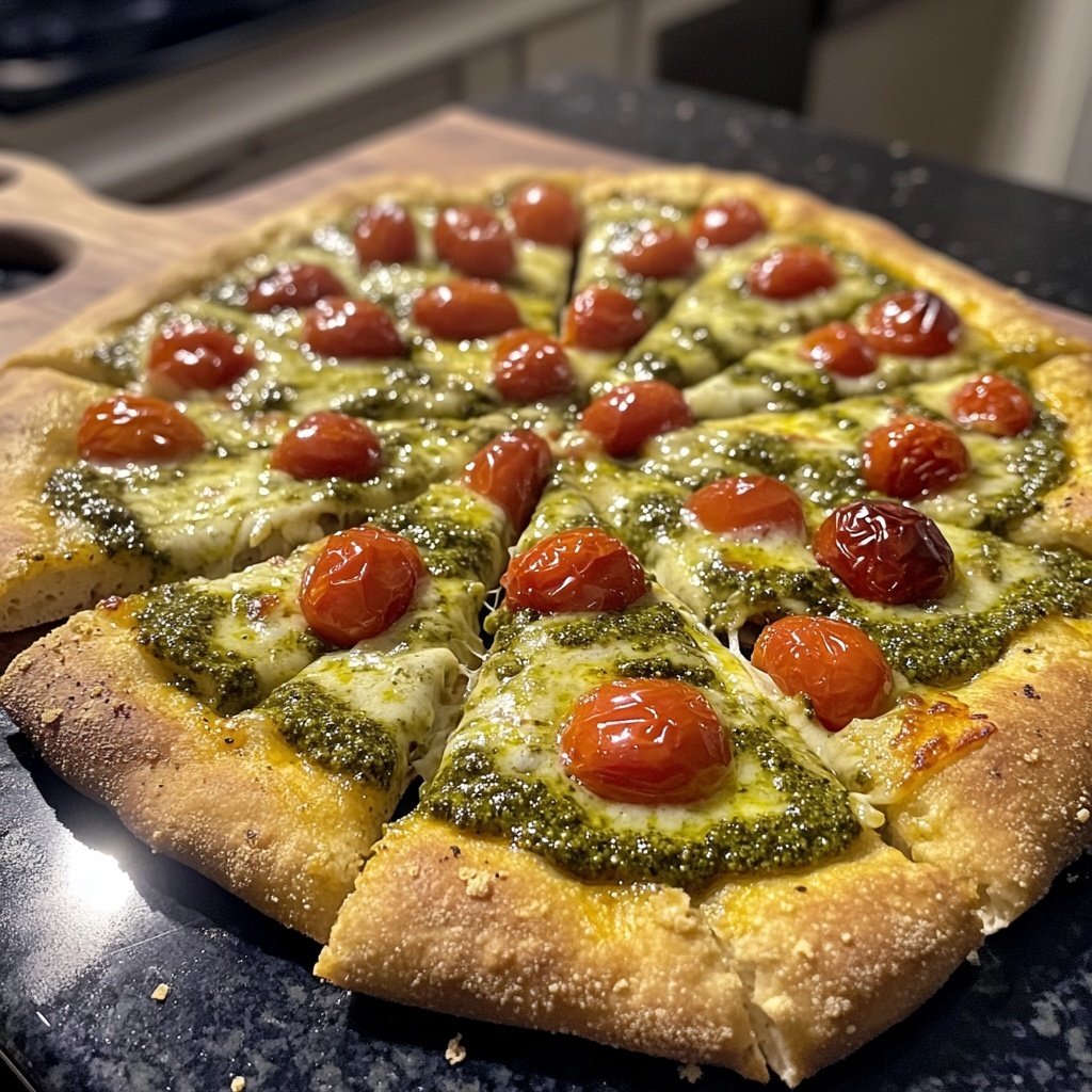 Pizza mit Pesto und Kirschtomaten